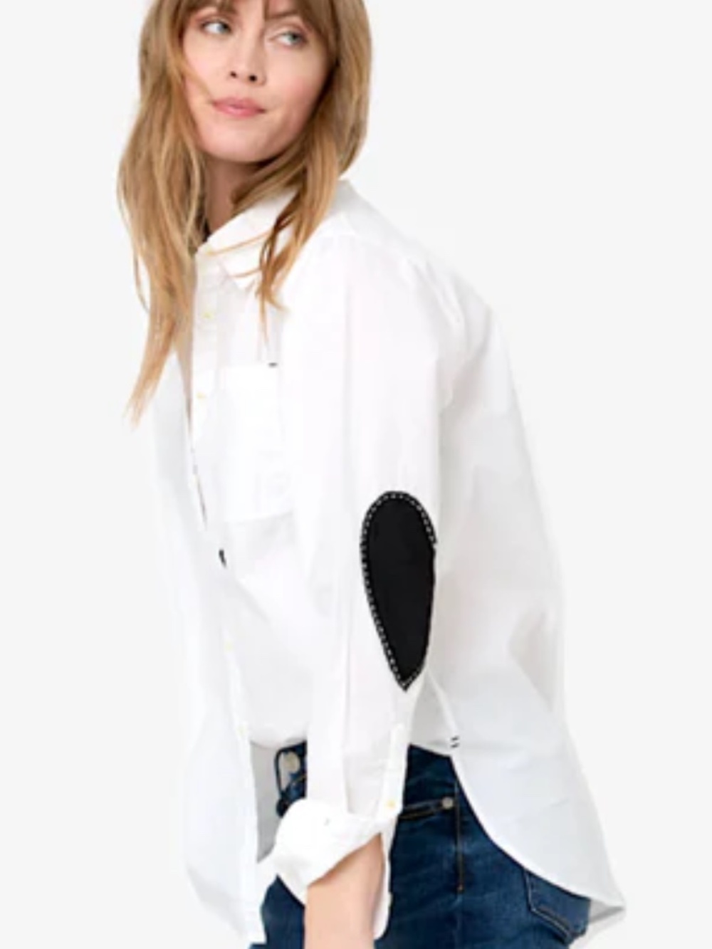Kerri Rosenthal Mia White Shirt Button-Front Blouse Black Heart Elbow Patches XL - Picture 3 of 14